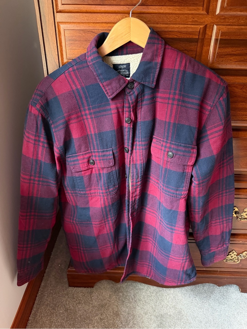 J. Crew Factory Red and Navy Plaid Lightweight Shirt Jacket